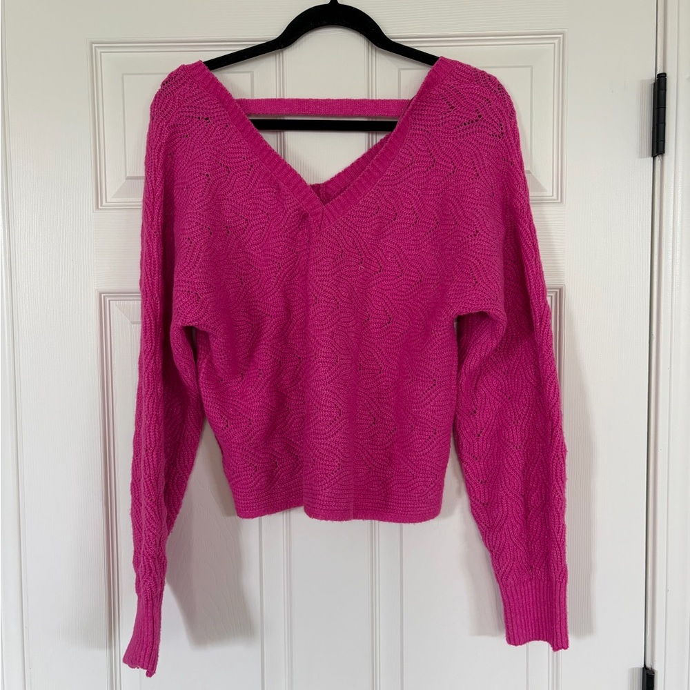 Pink Rose Hot Pink V-Neck Cable Knit Sweater